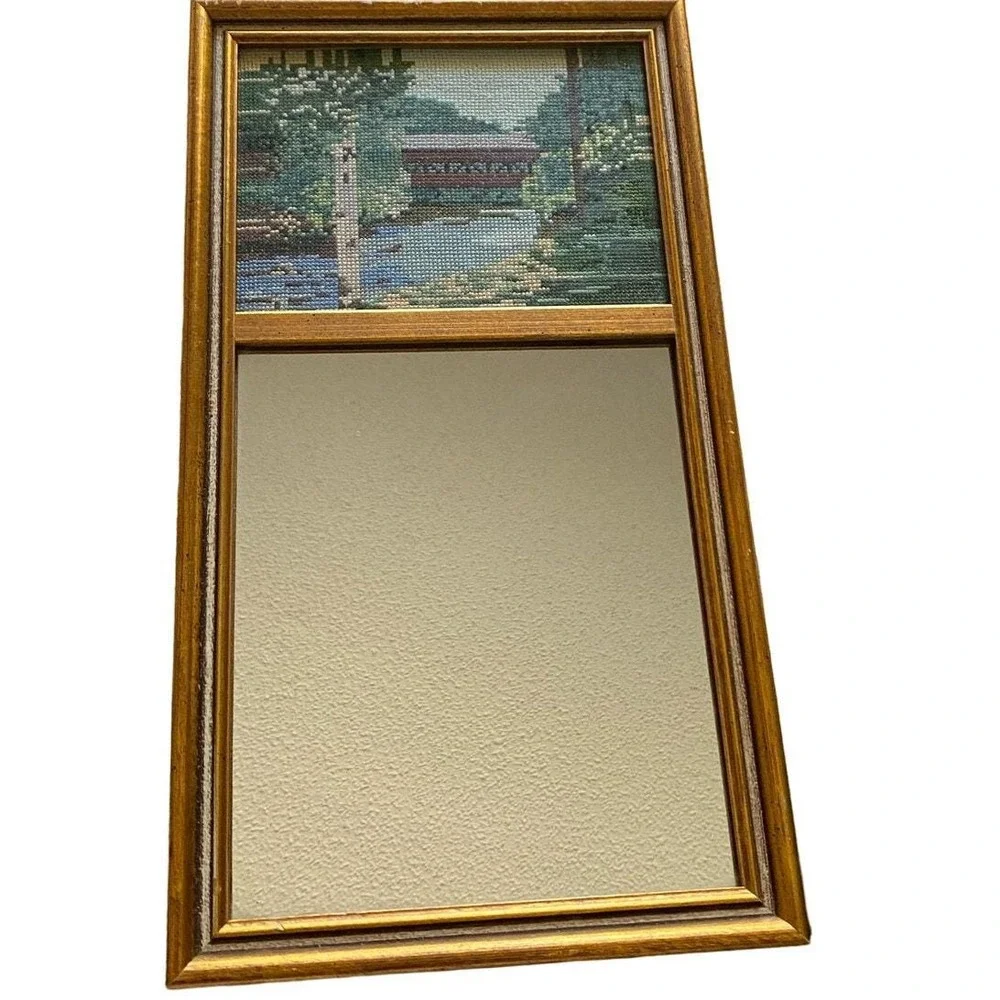 Cross stitch covered bridge‎ With Mirror VTG Wood Framed w Mirror granny chic